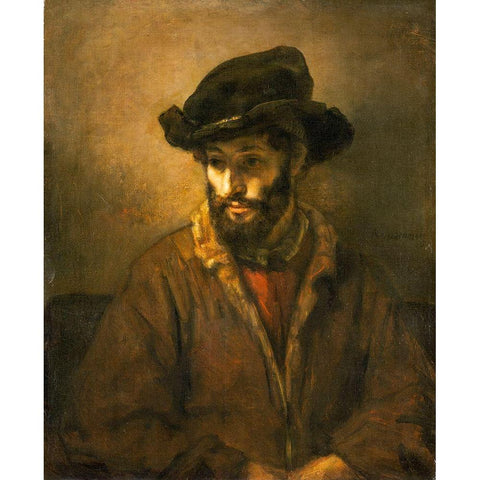 A Bearded Man Wearing a Hat Black Modern Wood Framed Art Print by van Rijn, Rembrandt