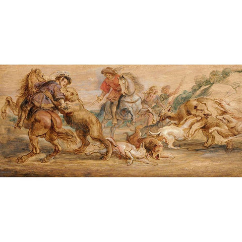 Study for The Bear Hunt for the Alcazar, Madrid White Modern Wood Framed Art Print by Rubens, Peter Paul