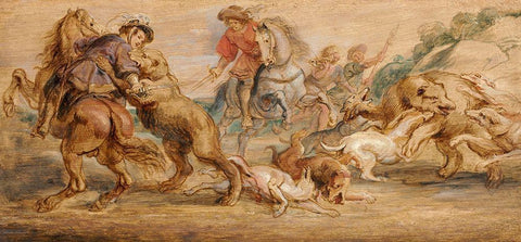 Study for The Bear Hunt for the Alcazar, Madrid White Modern Wood Framed Art Print with Double Matting by Rubens, Peter Paul