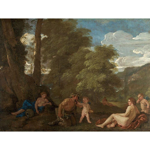 Nymphs and a Satyr Gold Ornate Wood Framed Art Print with Double Matting by Poussin, Nicolas