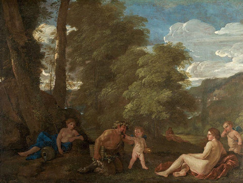 Nymphs and a Satyr Black Ornate Wood Framed Art Print with Double Matting by Poussin, Nicolas