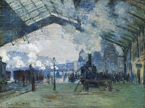 Arrival of the Normandy Train, Gare Saint-Lazare 1877 White Modern Wood Framed Art Print with Double Matting by Monet, Claude