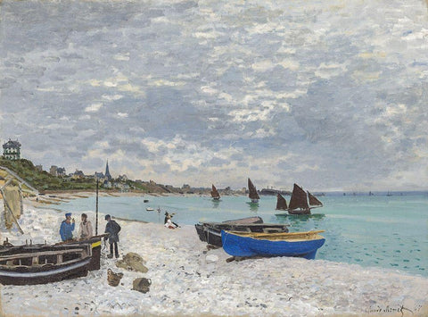 The Beach at Sainte-Adresse 1867 White Modern Wood Framed Art Print with Double Matting by Monet, Claude