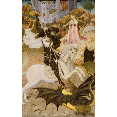 Saint George and the Dragon 1434 Gold Ornate Wood Framed Art Print with Double Matting by Martorell, Bernat