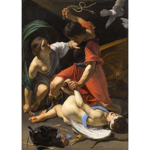 Cupid Chastised 1613 Black Modern Wood Framed Art Print with Double Matting by Manfredi, Bartolomeo