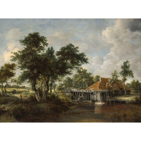 The Watermill with the Great Red Roof 1665 Gold Ornate Wood Framed Art Print with Double Matting by Hobbema, Meindert