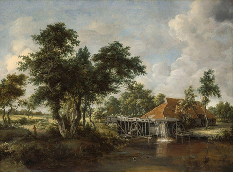 The Watermill with the Great Red Roof 1665 Black Ornate Wood Framed Art Print with Double Matting by Hobbema, Meindert