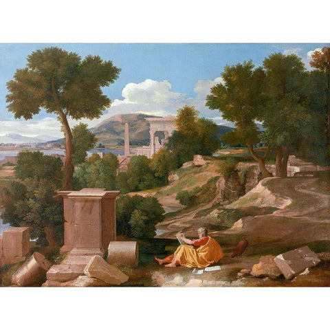 Landscape with Saint John on Patmos 1640 Gold Ornate Wood Framed Art Print with Double Matting by Poussin, Nicolas