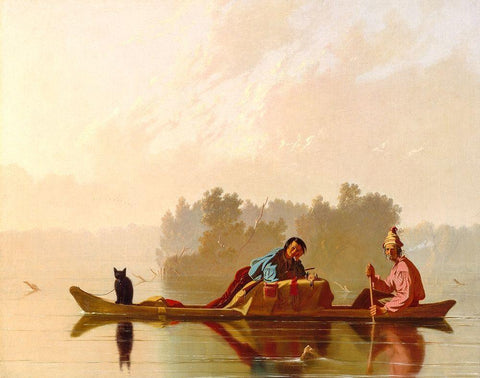 Fur Traders Descending the Missouri 1845 White Modern Wood Framed Art Print with Double Matting by Bingham, George Caleb