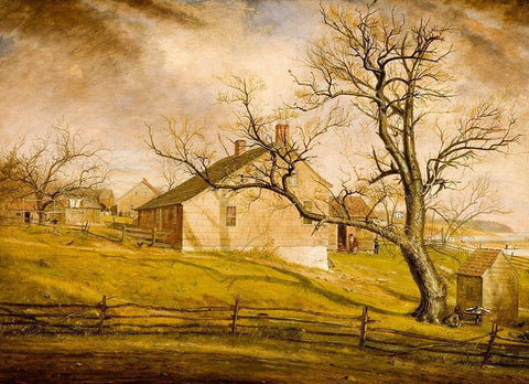 Long Island Farmhouses 1862 White Modern Wood Framed Art Print with Double Matting by Mount, William Sidney