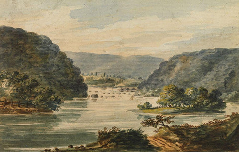 A View of the Potomac at Harpers Ferry 1811 White Modern Wood Framed Art Print with Double Matting by Svinin, Pavel Petrovich