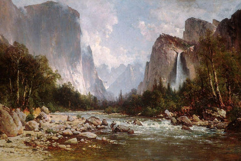 View of Yosemite Valley 1885 Black Ornate Wood Framed Art Print with Double Matting by Hill, Thomas