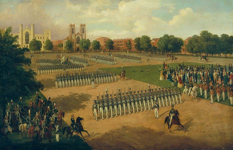 Seventh Regiment on Review, Washington Square, New York 1851 Black Ornate Wood Framed Art Print with Double Matting by Boetticher, Otto