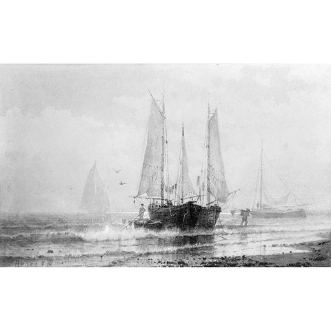 Seascapeâ€”Fishing Boats by the Shore 1875 Gold Ornate Wood Framed Art Print with Double Matting by Smith, Henry Pember