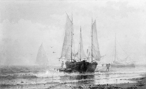 Seascapeâ€”Fishing Boats by the Shore 1875 Black Ornate Wood Framed Art Print with Double Matting by Smith, Henry Pember