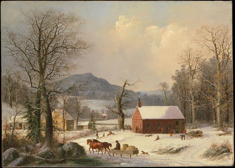 Red School House (Country Scene) 1858 White Modern Wood Framed Art Print with Double Matting by Durrie, George Henry