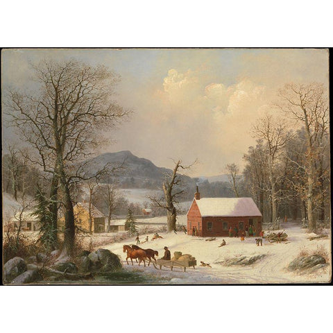 Red School House (Country Scene) 1858 Black Modern Wood Framed Art Print with Double Matting by Durrie, George Henry
