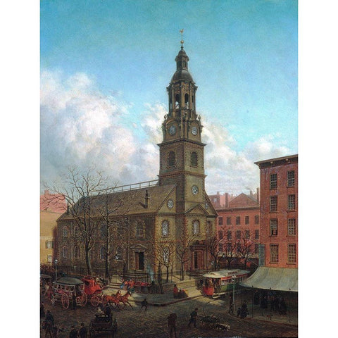 The North Dutch Church, Fulton and William Streets, New York 1869 White Modern Wood Framed Art Print by Henry, Edward Lamson