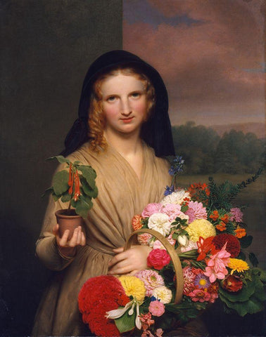 The Flower Girl 1846 Black Ornate Wood Framed Art Print with Double Matting by Ingham, Charles Cromwell