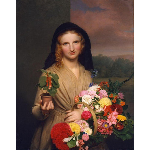 The Flower Girl 1846 Black Modern Wood Framed Art Print by Ingham, Charles Cromwell