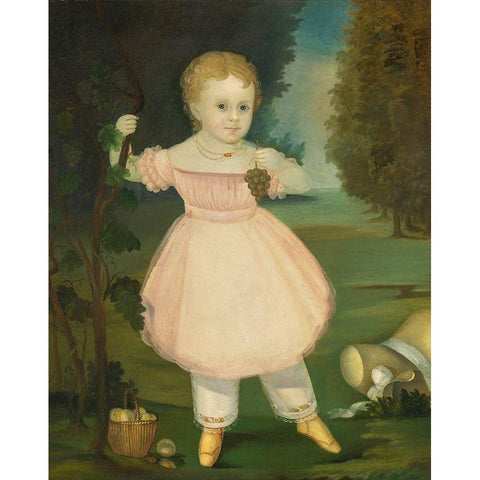 Portrait of a Little Girl Picking Grapes Black Modern Wood Framed Art Print with Double Matting by American 1850