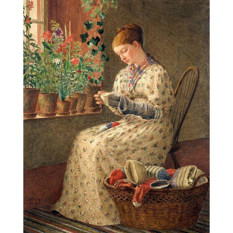 A Months Darning 1876 Black Modern Wood Framed Art Print with Double Matting by Perry, Enoch Wood