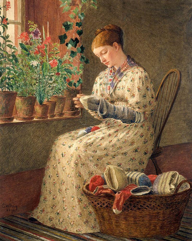 A Months Darning 1876 Black Ornate Wood Framed Art Print with Double Matting by Perry, Enoch Wood