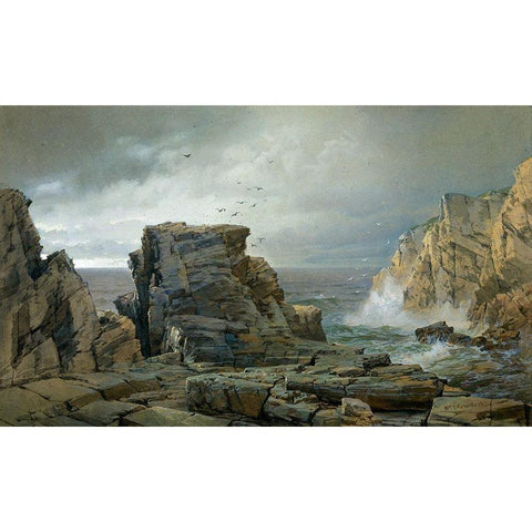 A Rocky Coast 1877 Black Modern Wood Framed Art Print with Double Matting by Richards, William Trost