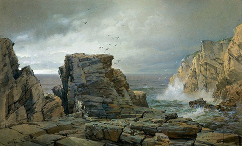 A Rocky Coast 1877 White Modern Wood Framed Art Print with Double Matting by Richards, William Trost