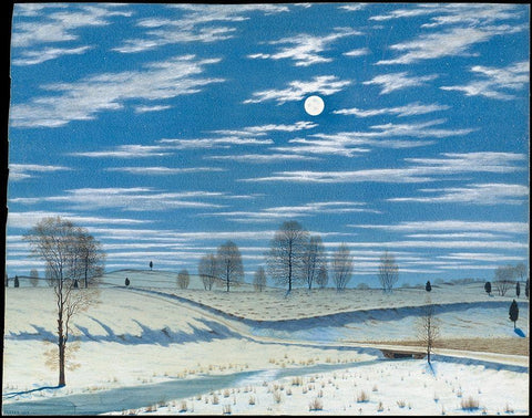 Winter Scene in Moonlight White Modern Wood Framed Art Print with Double Matting by Farrer, HenryÂ 