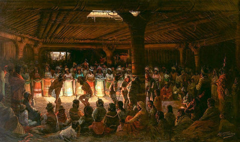 Dance in a Subterranean Roundhouse at Clear Lake, California Black Ornate Wood Framed Art Print with Double Matting by Tavernier, Jules