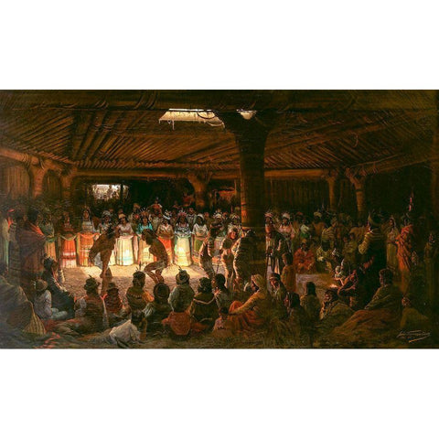 Dance in a Subterranean Roundhouse at Clear Lake, California Gold Ornate Wood Framed Art Print with Double Matting by Tavernier, Jules