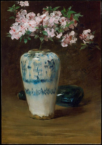 Pink Azaleaâ€”Chinese Vase Black Ornate Wood Framed Art Print with Double Matting by Chase, William Merritt