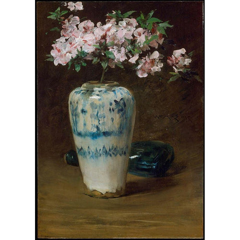 Pink Azaleaâ€”Chinese Vase Black Modern Wood Framed Art Print with Double Matting by Chase, William Merritt