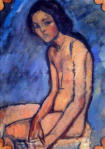 Seated Nude 1909 White Modern Wood Framed Art Print with Double Matting by Modigliani, Amedeo