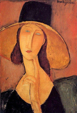 Portrait dune jeune femme au chapeau (Jeanne Hobuterne avec un grand chapeau) Black Ornate Wood Framed Art Print with Double Matting by Modigliani, Amedeo