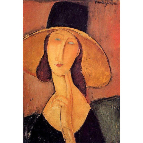 Portrait dune jeune femme au chapeau (Jeanne Hobuterne avec un grand chapeau) White Modern Wood Framed Art Print by Modigliani, Amedeo