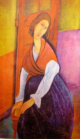 Lady in red shawl White Modern Wood Framed Art Print with Double Matting by Modigliani, Amedeo