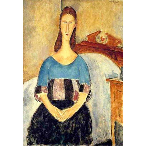 Seated lady on bed White Modern Wood Framed Art Print by Modigliani, Amedeo