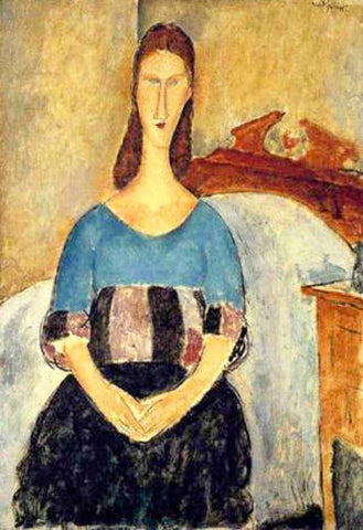 Seated lady on bed Black Ornate Wood Framed Art Print with Double Matting by Modigliani, Amedeo