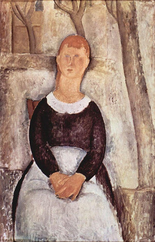 Seated maid White Modern Wood Framed Art Print with Double Matting by Modigliani, Amedeo