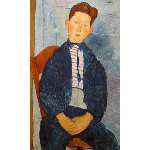 Boy in a striped Sweater, 1918 White Modern Wood Framed Art Print by Modigliani, Amedeo