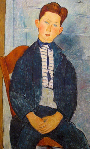 Boy in a striped Sweater, 1918 White Modern Wood Framed Art Print with Double Matting by Modigliani, Amedeo