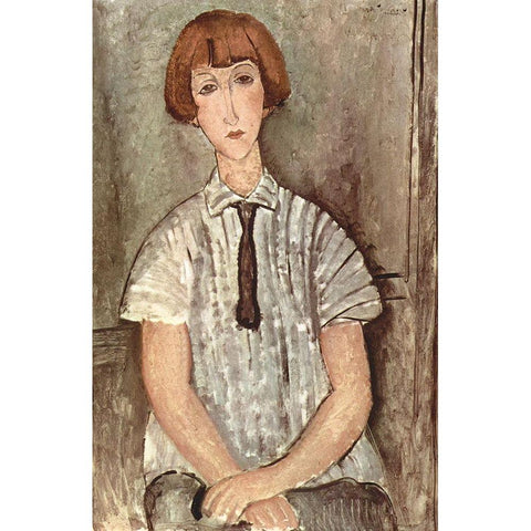 Seated woman with tie Black Modern Wood Framed Art Print with Double Matting by Modigliani, Amedeo