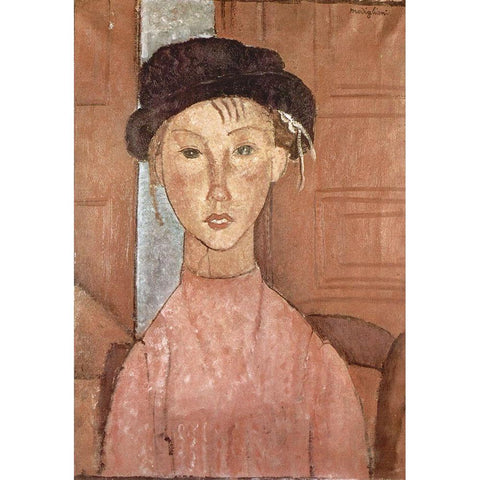 Seated woman with hat Black Modern Wood Framed Art Print with Double Matting by Modigliani, Amedeo