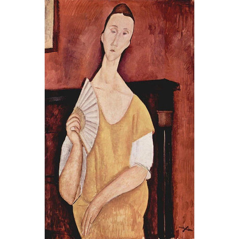 Portrait of Lunia Czechowska with fan Black Modern Wood Framed Art Print with Double Matting by Modigliani, Amedeo