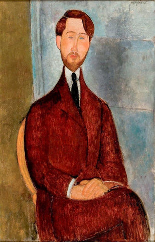 Portrait of Leopold Zborowski in red suit White Modern Wood Framed Art Print with Double Matting by Modigliani, Amedeo