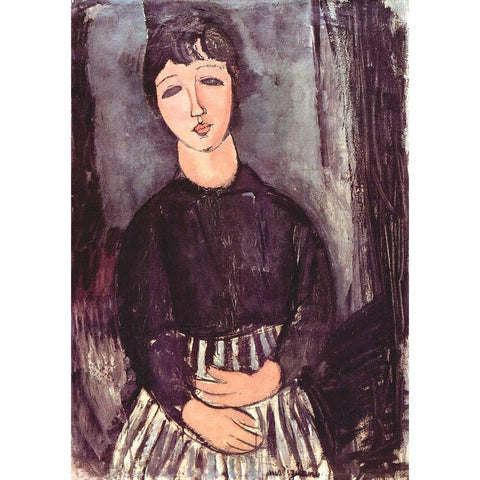 Seated girl in striped skirt White Modern Wood Framed Art Print by Modigliani, Amedeo