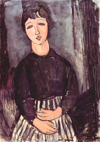 Seated girl in striped skirt White Modern Wood Framed Art Print with Double Matting by Modigliani, Amedeo