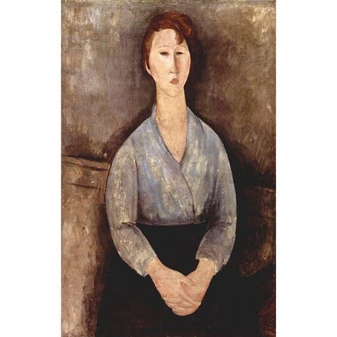 Seated woman in grey shirt Black Modern Wood Framed Art Print with Double Matting by Modigliani, Amedeo